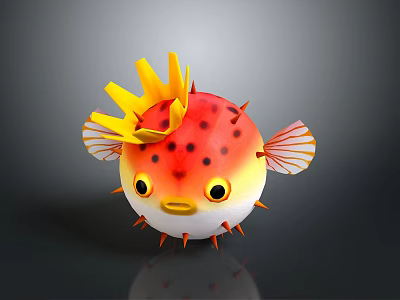 Cartoon Puffer Fish with Yellow Crown Decoration Red Body Black Spots Orange Spines Yellow Eyes 3d model