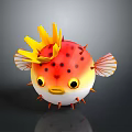 Cartoon Puffer Fish with Yellow Crown Decoration Red Body Black Spots Orange Spines Yellow Eyes