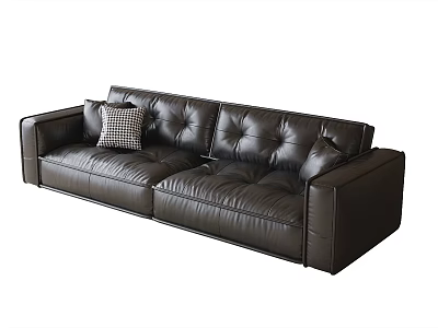 Black Leather Two Seater Sofa with Tufted Backrest and Seat and Plaid Decorative Cushion 3d model