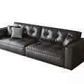 Black Leather Two Seater Sofa with Tufted Backrest and Seat and Plaid Decorative Cushion