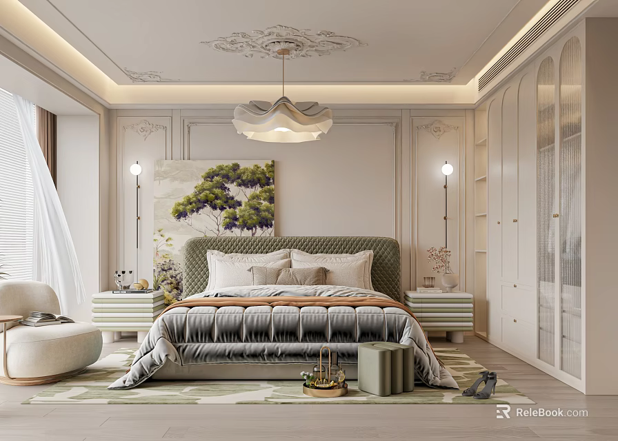 Modern Elegant Bedroom Interior With Green Headboard Bed Nightstands Floor Lamps Decorative Art Rug Chandelier 3d model 