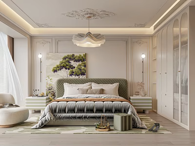 Modern Elegant Bedroom Interior With Green Headboard Bed Nightstands Floor Lamps Decorative Art Rug Chandelier 3d model