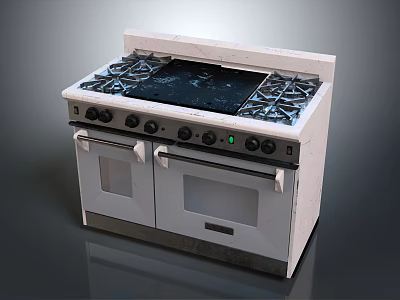 Modern Kitchen White Gas Range Cooker With Multiple Burners Double Oven And Stainless Steel Handles 3d model