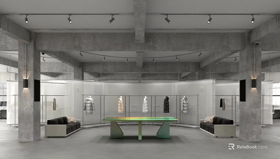 Modern Industrial Clothing Store Interior With Display Cabinets Colorful Long Table Sofas And Ceiling Spotlights 3d model 