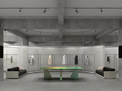 Modern Industrial Clothing Store Interior With Display Cabinets Colorful Long Table Sofas And Ceiling Spotlights 3d model