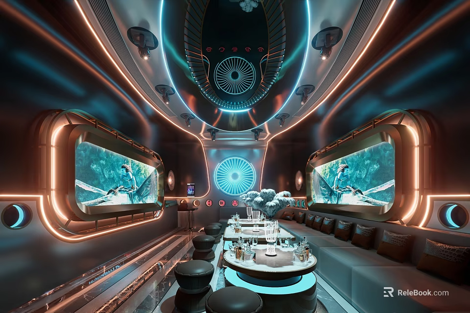 Futuristic KTV Interior With Neon Lighting Large Screens And Sofas 3d model