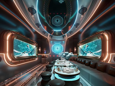 Futuristic KTV Interior With Neon Lighting Large Screens And Sofas 3d model