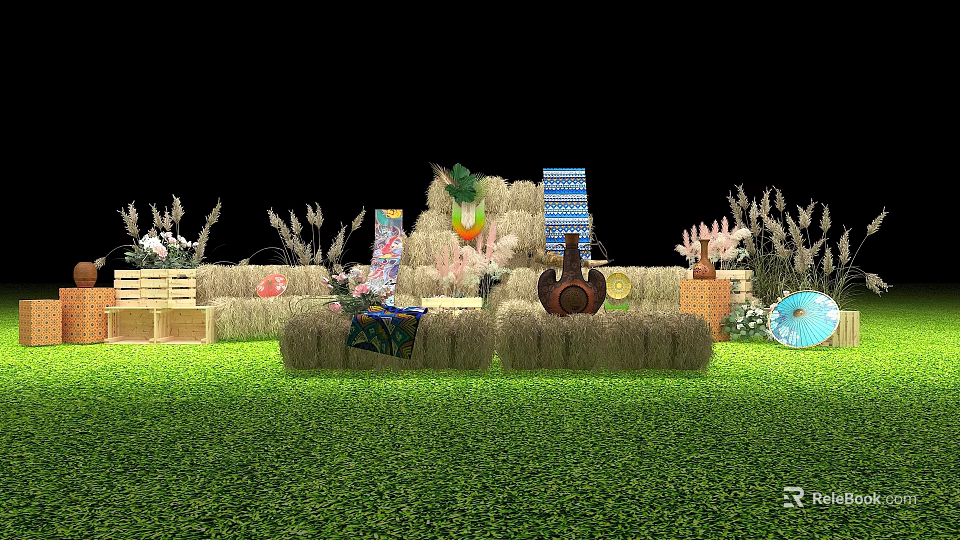 Interactive Zone With Green Lawn Straw Bales And Decorative Plants Setup 3d model