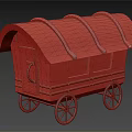 Vintage Wooden Carriage with Green Curved Roof Ornate Patterns and Spoked Wheels