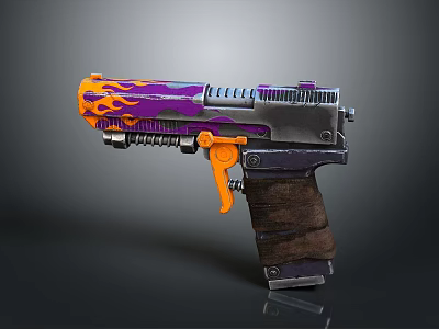 Pistol With Purple And Orange Flame Pattern Brown Wooden Grip And Metal Body 3d model