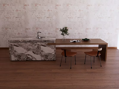 Modern Bar Counter With Marble Countertop Two Chairs Potted Plant Magazine Wooden Floor And Textured Wall 3d model