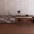 Modern Bar Counter With Marble Countertop Two Chairs Potted Plant Magazine Wooden Floor And Textured Wall