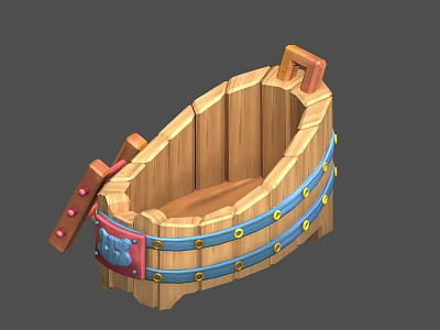 Wooden Bathtub with Blue Straps Yellow Rivets and Wooden Handles in Rustic Design 3d model