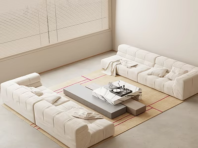 Modern Light Colored Fabric Sofa and Coffee Table Interior with Red Lined Rug Window Blinds 3d model