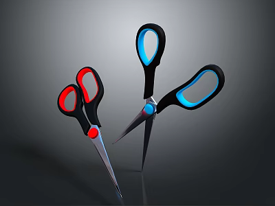 Two Crossed Scissors With Red And Blue Handles And Metal Blades On Dark Background 3d model