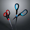 Two Crossed Scissors With Red And Blue Handles And Metal Blades On Dark Background