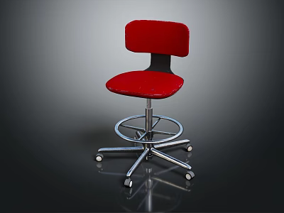 Red Upholstered Swivel Bar Stool With Metal Base Backrest And Wheels 3d model