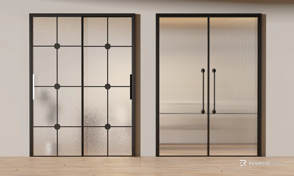 Modern Interior Sliding Doors With Black Frames Frosted Glass Circular Patterns And Vertical Handles 3d model 
