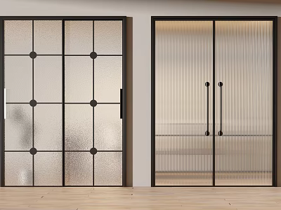 Modern Interior Sliding Doors With Black Frames Frosted Glass Circular Patterns And Vertical Handles 3d model