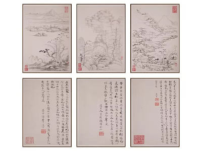 Classical Chinese Ink Paintings And Calligraphy Artworks With Red Seals 3d model