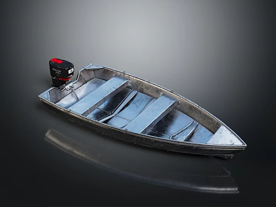 Classic Wooden Boat With Red Motor And Metal Seats On Shiny Surface 3d model