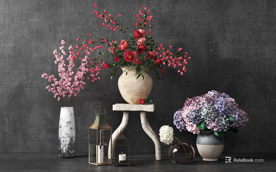 Woven and Patterned Vases with Red Roses Pink Cherry Blossoms Purple Hydrangeas and Decorative Lanterns 3d model 