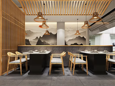 Chinese Restaurant Interior Design With Wooden Lattice Ceiling Brass Pendant Lights And Landscape Painting Backdrop 3d model