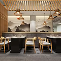 Chinese Restaurant Interior Design With Wooden Lattice Ceiling Brass Pendant Lights And Landscape Painting Backdrop