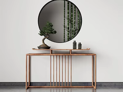 Modern Wooden Console Table With Round Mirror And Bonsai Plant Decor 3d model