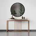 Modern Wooden Console Table With Round Mirror And Bonsai Plant Decor