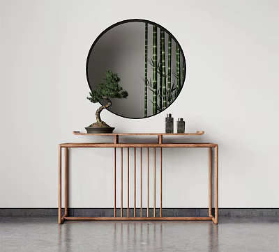 Modern Wooden Console Table With Round Mirror And Bonsai Plant Decor 3d model