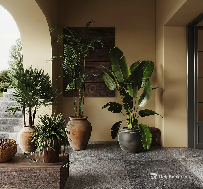 Potted Palm And Banana Leaf Plants In Terracotta And Gray Pots On Stone Floor 3d model 