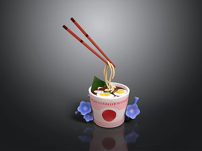 Japanese Ramen Bowl with Chopsticks Noodles and Red Circle Design Surrounded by Blue Flowers 3d model