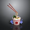Japanese Ramen Bowl with Chopsticks Noodles and Red Circle Design Surrounded by Blue Flowers