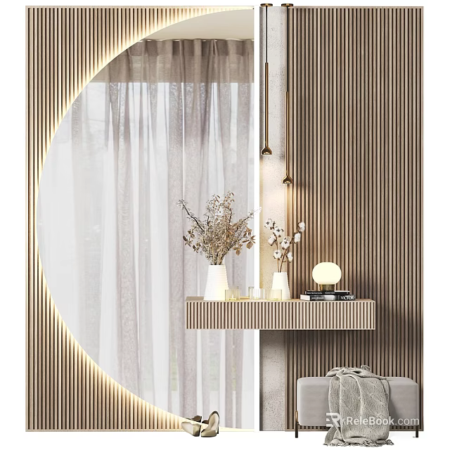 Modern Dressing Table with Round Mirror Wooden Striped Wall Table Lamp and Dried Flower Vase 3d model 