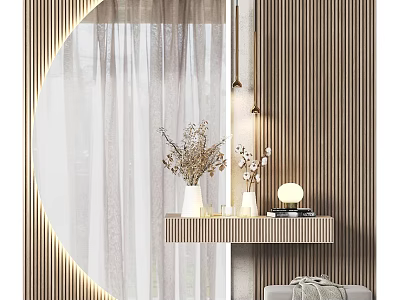 Modern Dressing Table with Round Mirror Wooden Striped Wall Table Lamp and Dried Flower Vase 3d model