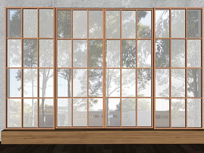 Large Glass Windows With Wooden Frame And Tree Reflections In Interior 3d model