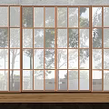 Large Glass Windows With Wooden Frame And Tree Reflections In Interior