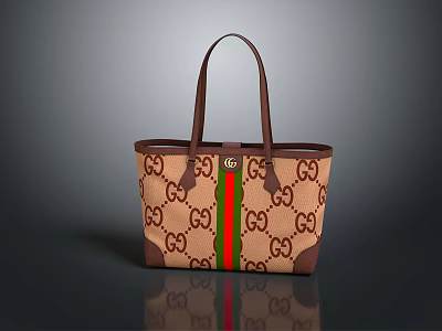 Fashionable Tote Bag With Classic GG Pattern Red Green Stripes And Brown Handles 3d model