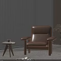 Brown Leather Lounge Chair With Side Table Coffee Cup Magazine Dried Flowers And Blind Background