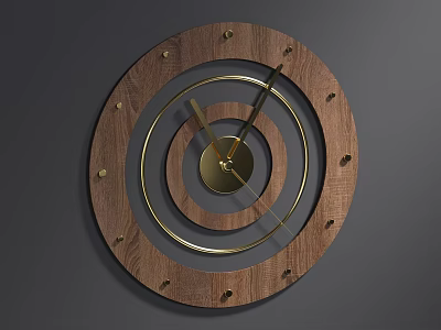 Modern Wooden Wall Clock with Brass Concentric Circles and Metal Rivets Design 3d model