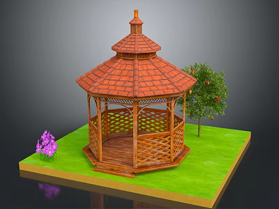 Wooden Garden Gazebo With Red Tile Roof On Green Grass And Tree With Purple Flowers 3d model