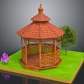 Wooden Garden Gazebo With Red Tile Roof On Green Grass And Tree With Purple Flowers