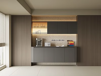 Modern Kitchen Interior Sideboard With Gray Cabinets LED Lights And Drawers 3d model