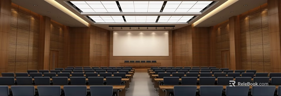 Modern Conference Room Interior With Large Projection Screen Wooden Walls Neatly Arranged Seats Ceiling Lighting 3d model 