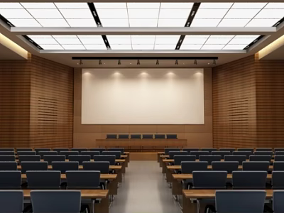Modern Conference Room Interior With Large Projection Screen Wooden Walls Neatly Arranged Seats Ceiling Lighting 3d model