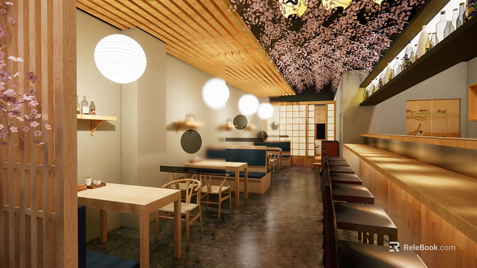 Japanese Restaurant Interior With Cherry Blossom Decor Wooden Lanterns And Open Bar 3d model 
