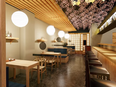 Japanese Restaurant Interior With Cherry Blossom Decor Wooden Lanterns And Open Bar 3d model