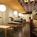 Japanese Restaurant Interior With Cherry Blossom Decor Wooden Lanterns And Open Bar