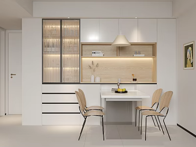 Modern Open Dining Area With Kitchen Design White Cabinets Dining Table And Pendant Light 3d model